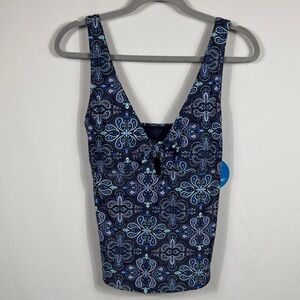 Elegant Navy Patterned Women's Tankini Swimsuit Top. Size L. Has bra pad inserts
